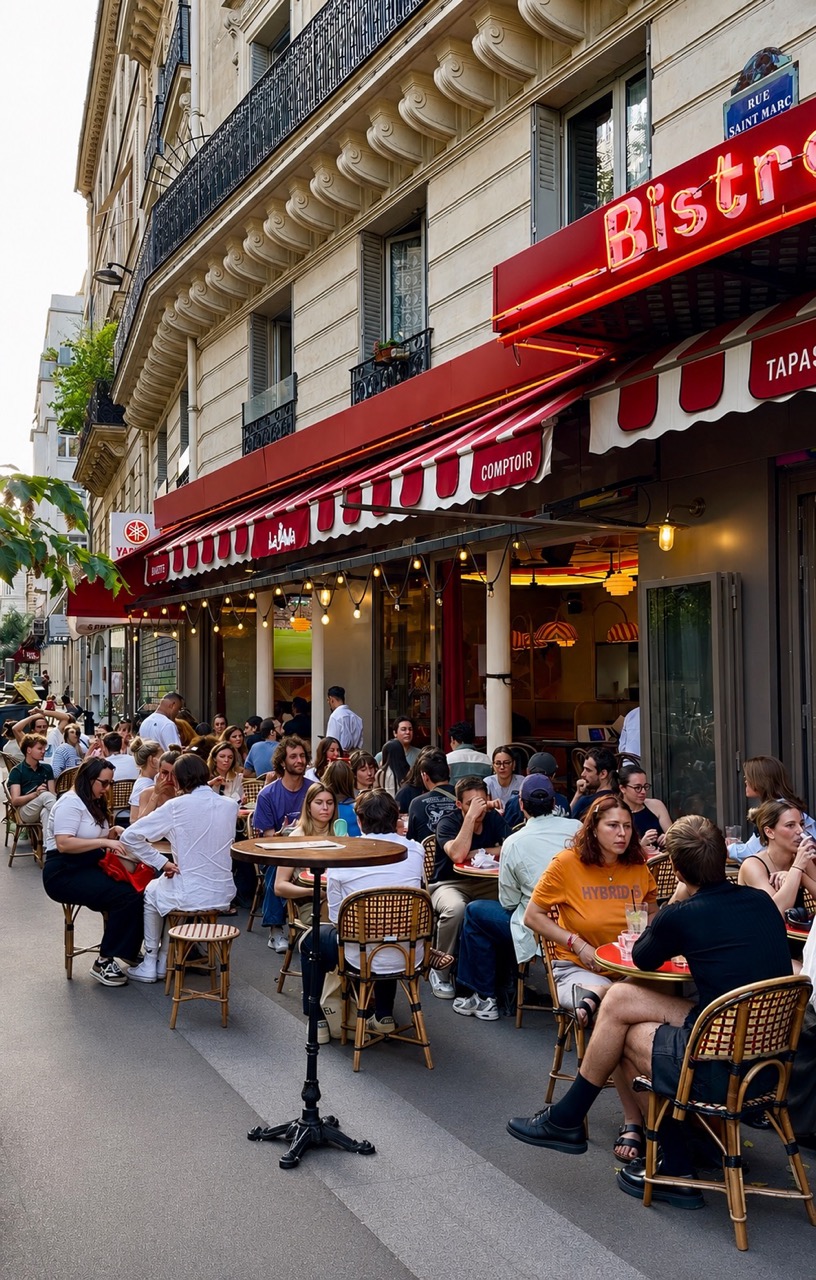 Terrasse animée de La Java un soir d'été, tables en rotin sous les auvents rouges, rue Montmartre à Paris